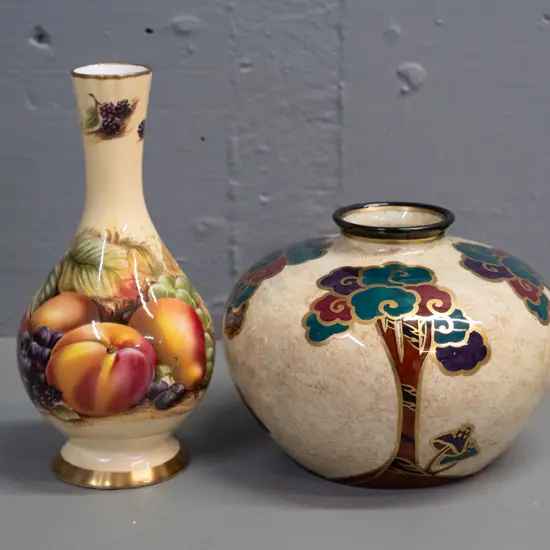 Glendene Regal Ware hand decorated mushroom and tree motif squat vase & small Aynsley Orchard Gold bud vase H-160
