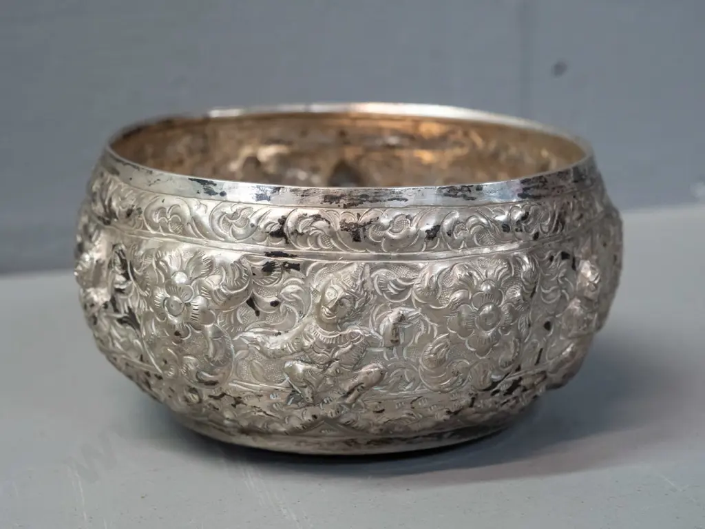 repousse silver or silver plated bowl with (Thai?) dancing figures and unknown marks on base, may have had lid H70 D120 Image 1++
