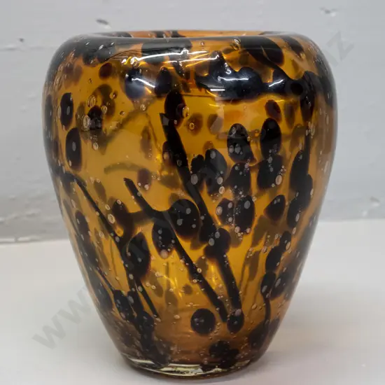 art glass vase with rolled top rim, bubbled amber with dark brown abstract shapes H-185 D-150