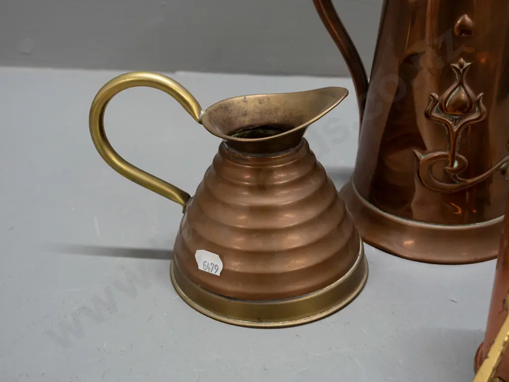 art nouveau copper lidded jug marked JS&S, English Weber Ware copper jug with brass handle and rim and 4 copper plated Image 1++