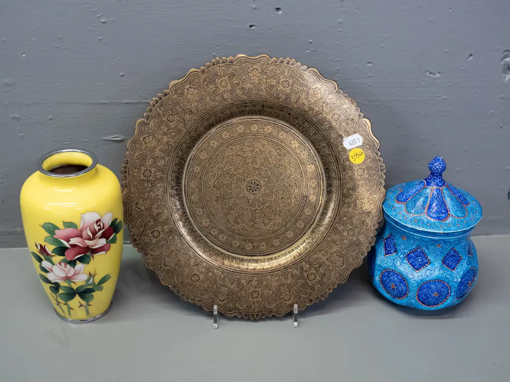 3 items - Iranian Minakari blue lidded pot, brass and niello decorative plate (Syrian?) D-240 and a yellow cloisonne Image 1++