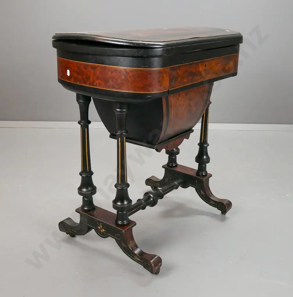 early Victorian work & games table with amboyna veneer panels, boxwood stringing, ebonised legs, brass applied Image 1++