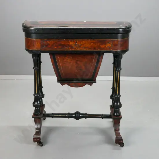 early Victorian work & games table with amboyna veneer panels, boxwood stringing, ebonised legs, brass applied