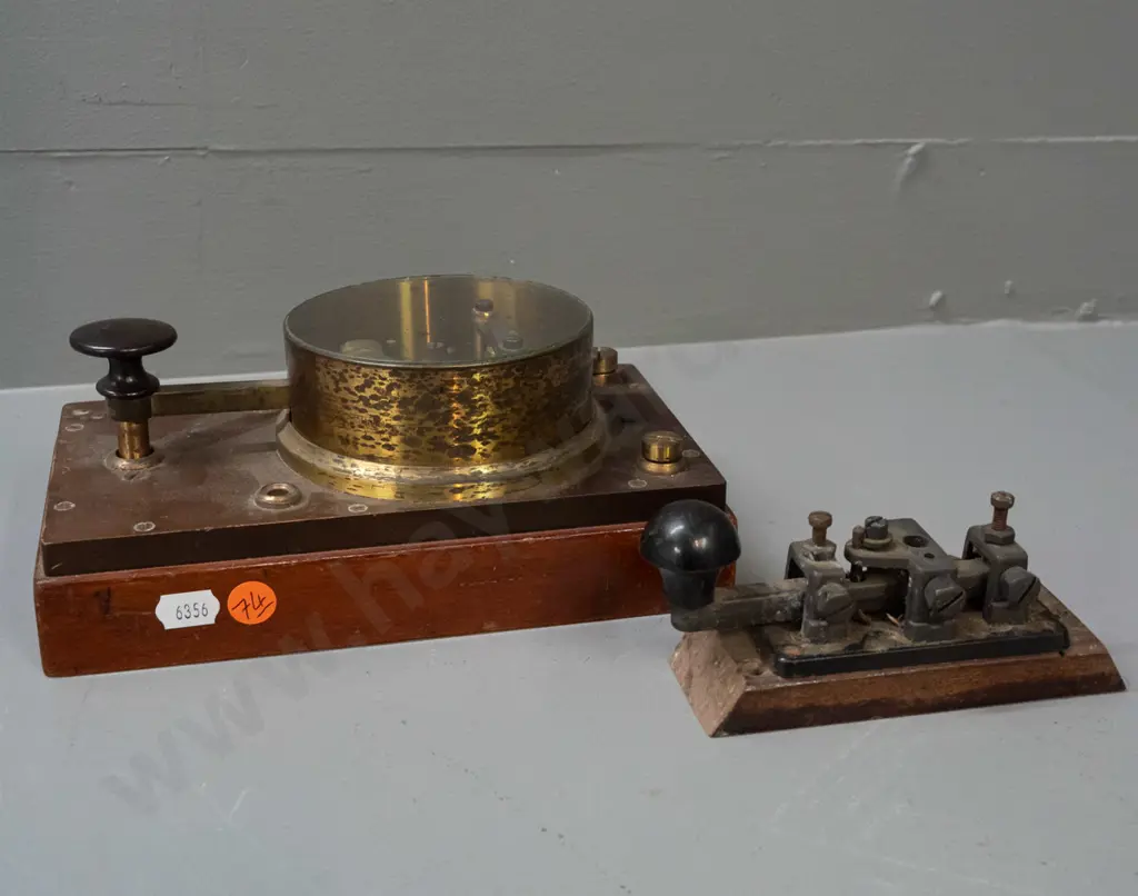 2 vintage Morse code keys - larger one has brass casing on wooden base, J & AA Norton Gore Southland label Image 1++