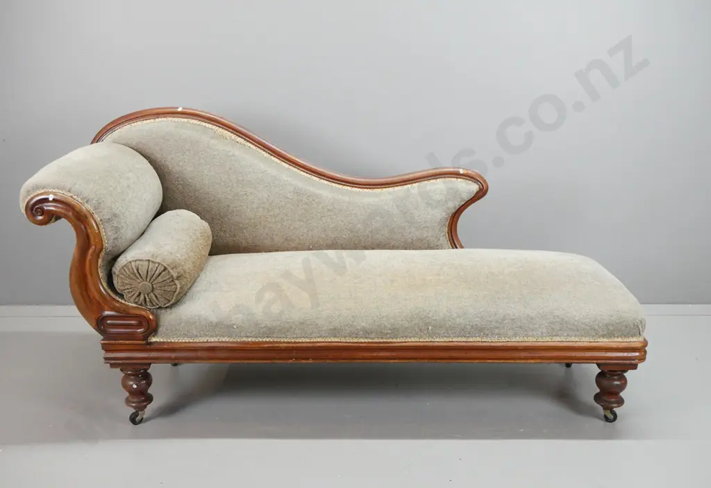 Victorian colonial cedar chaise longue with scrolling end, moulded shaped front on bun feet, grey fabric & bolster Image 1++