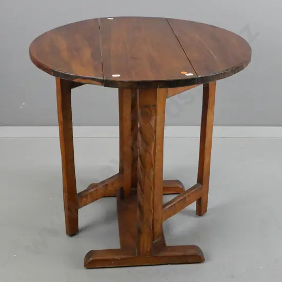 vintage James Chapman-Taylor gate leg round table with twist carved supports, on platform base, hand-adzed finish - some