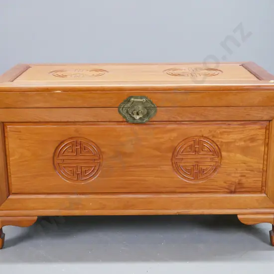 Chinese heavy double-lined mixed timber chest - lined with camphorwood, with internal tray, round decoration to top and