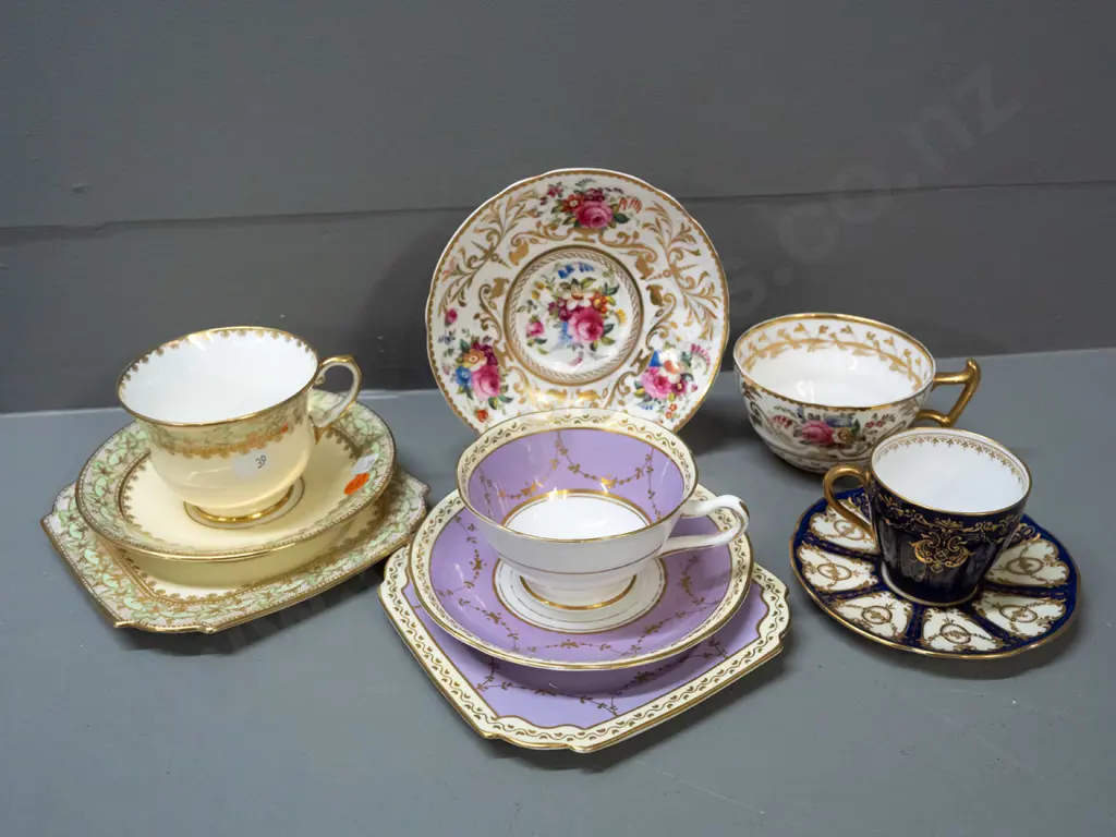 2 trios and 2 cups & saucers - Royal Doulton floral cup & saucer cup signed E. Wood, Aynlsey, Balmoral and small Image 1++
