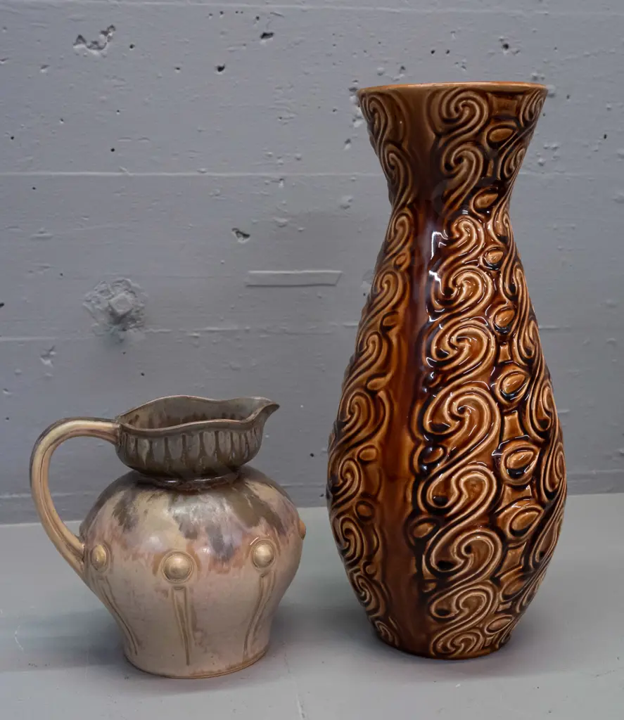 vintage Denbac pottery jug marked number 356 and a retro "Celtic" Irish pottery vase with incised swirls H-350 Image 1++
