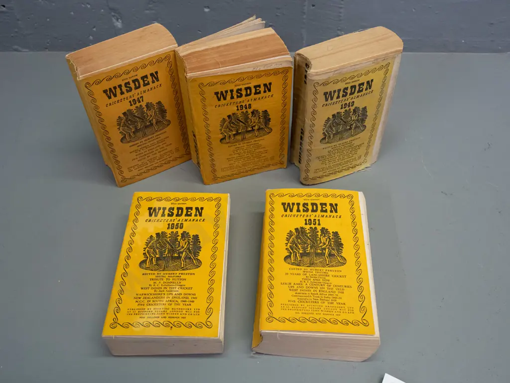 5 Wisden Cricketer's Almanack books - 1947 thru 1951 - some wear, fading & marks Image 1++