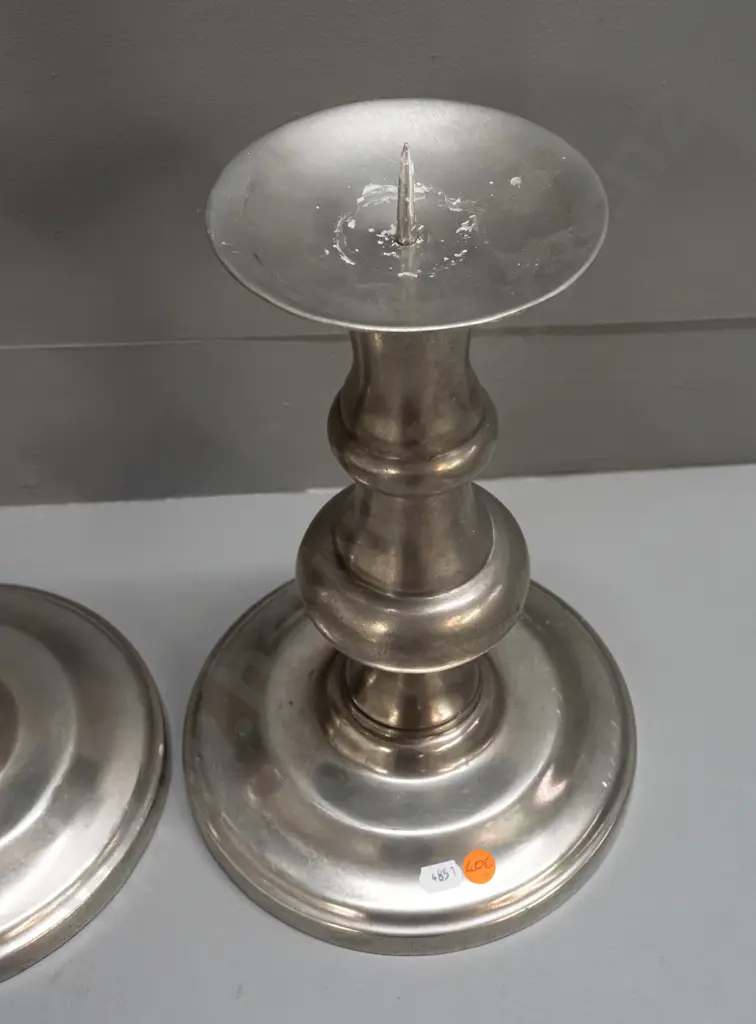 pair of large pewter candlesticks with candles - marked "95% Real Pewter" on base - some scratching and wear H-300 to Image 1++
