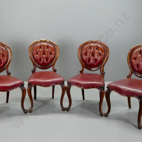 set of 4 Victorian mahogany dining chairs - deep button vinyl upholstered backs w/ studded edging, sweeping cabriolet