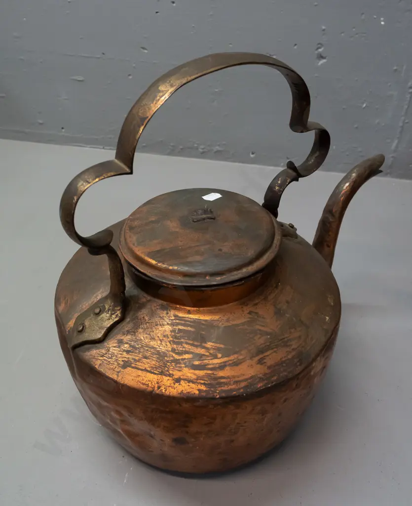 two vintage copper items: watering can & kettle. Both w/damage & repairs. Kettle height to handle 325, length 380 Image 1++