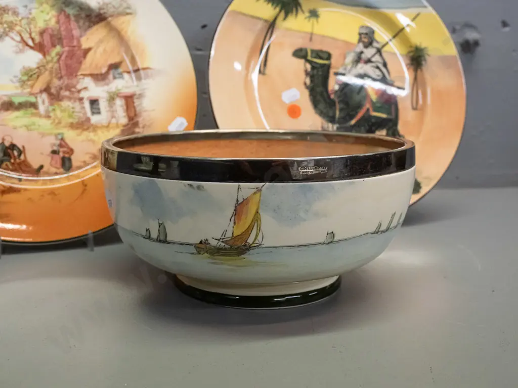 Royal Doulton series ware - Fisherfolk fruit or salad bowl with plated rim, "Desert Scenes" plate and "Rustic English" Image 1++