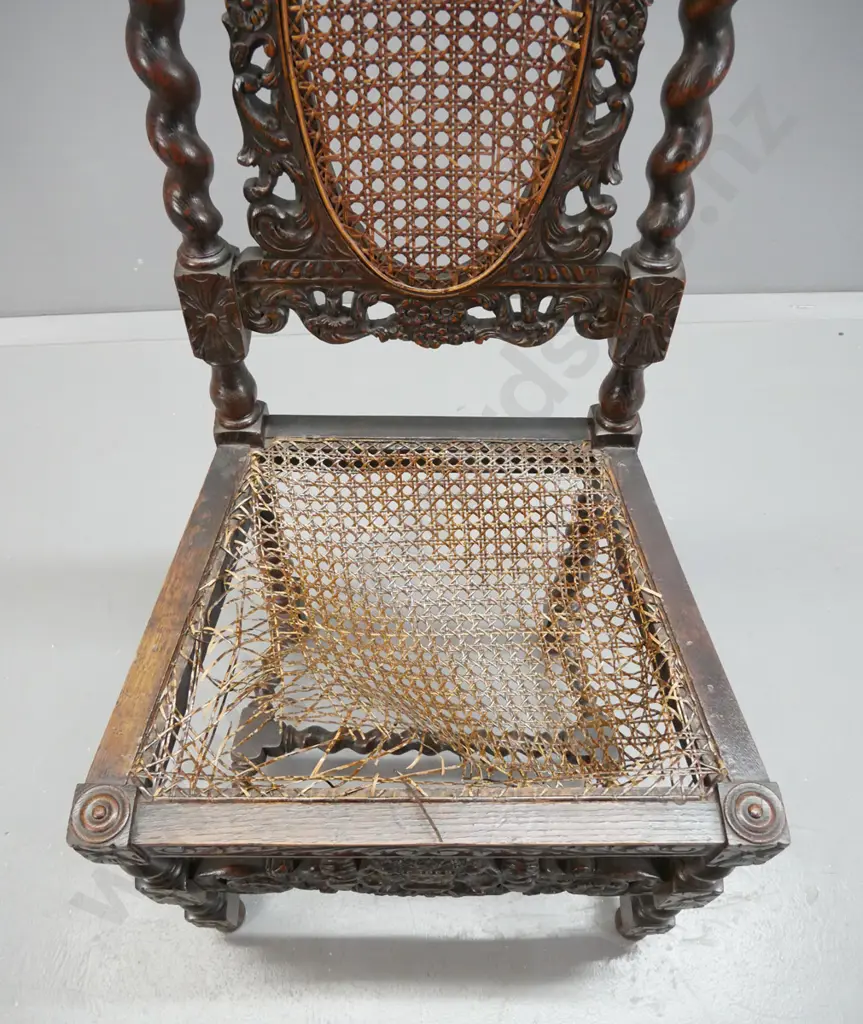 7x 19th century northern European Jacobean style oak dining chairs, 6 matching and one odd, with hand woven cane seat & Image 1++