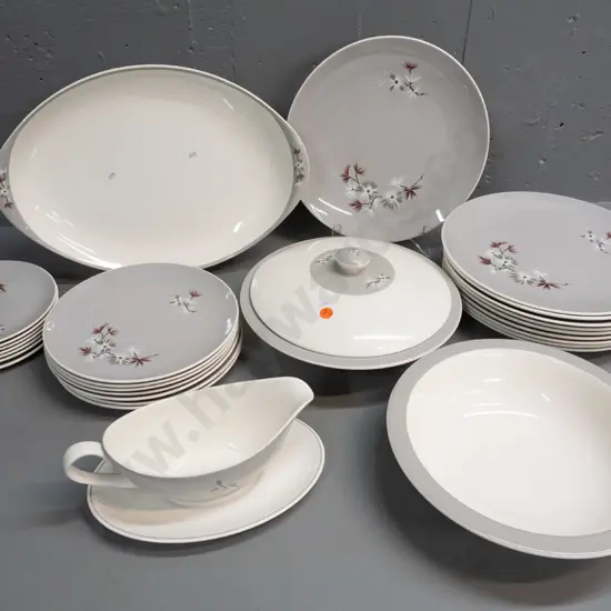 Royal Doulton "Frost Pine" table ware - ashett, 2 vege dishes, one with lid, gravy boat and saucer, 10 dinner plates, 7