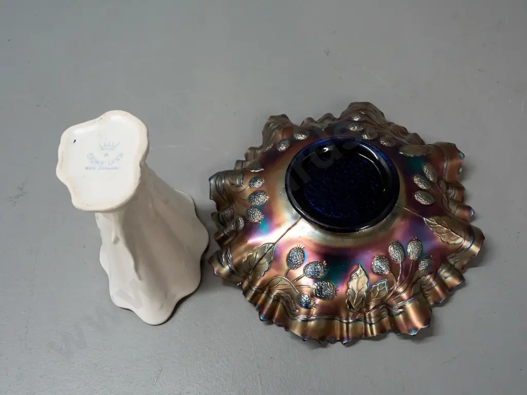 Blue "Orange Tree" pattern carnival glass frilled rim bowl, & Crown Lynn tree root slip cast vase. Image 1++