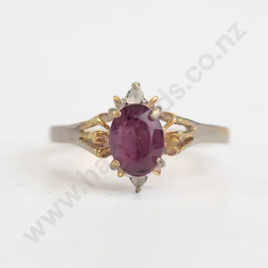 purplish oval stone plated ring - size R