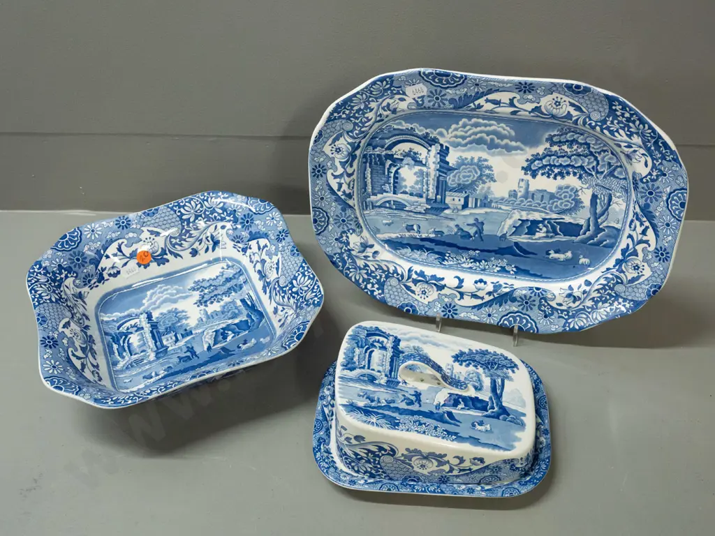 Spode Italian pattern scalloped edge bowl, small ashett L-310 W-240 and a lidded cheese / butter dish Image 1++