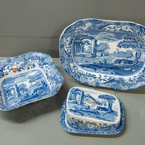 Spode Italian pattern scalloped edge bowl, small ashett L-310 W-240 and a lidded cheese / butter dish