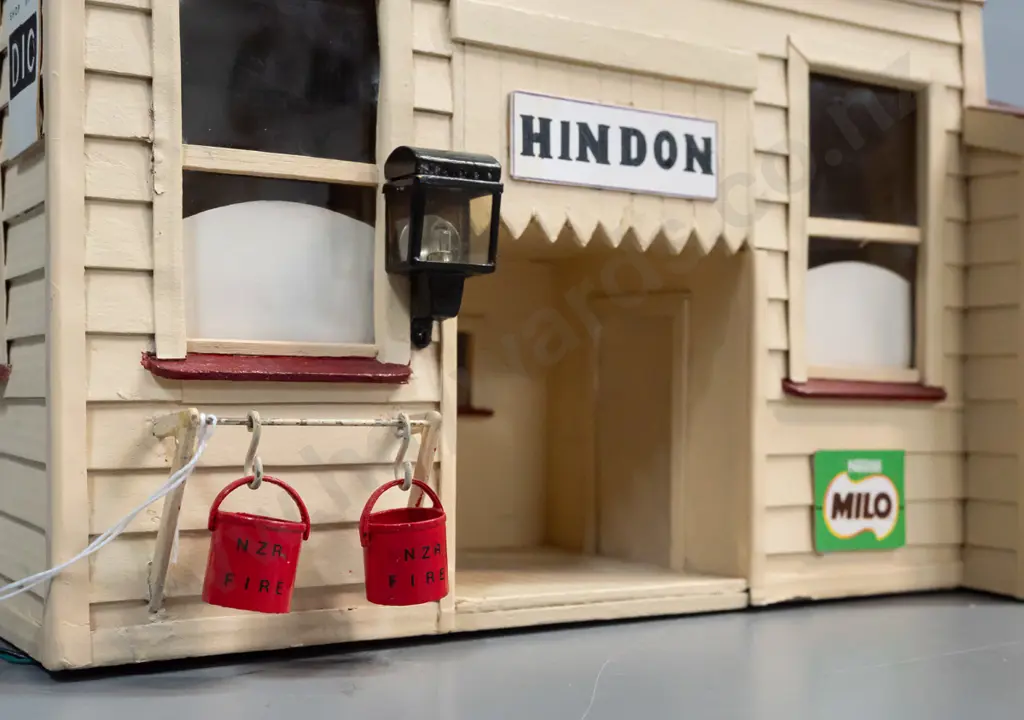 Wood & cardboard model of Hindon Railway Station, w/ lighting, buckets, signage etc. H-190 W-400 D-190 Image 1++