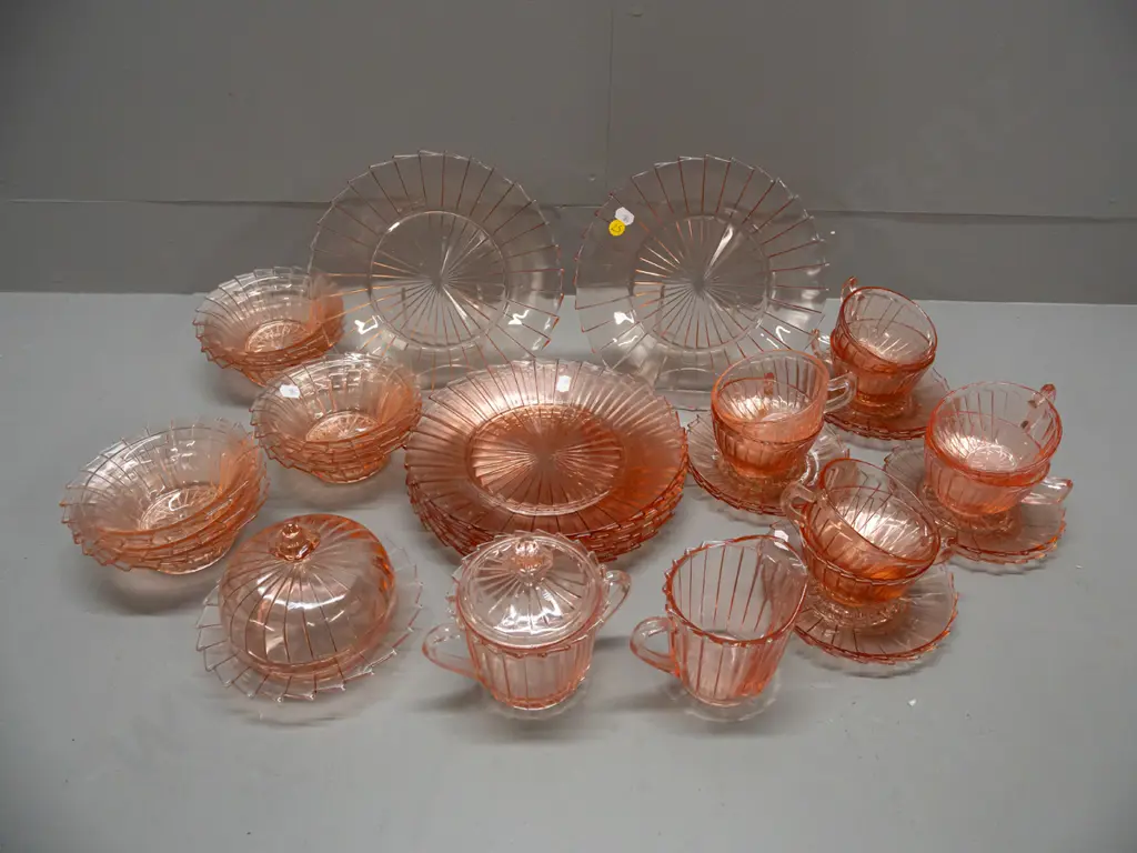 assorted cranberry depression glass tableware: 8 large plates, 9 sweet dishes, 8 cups/saucers, cream sugar Image 1++