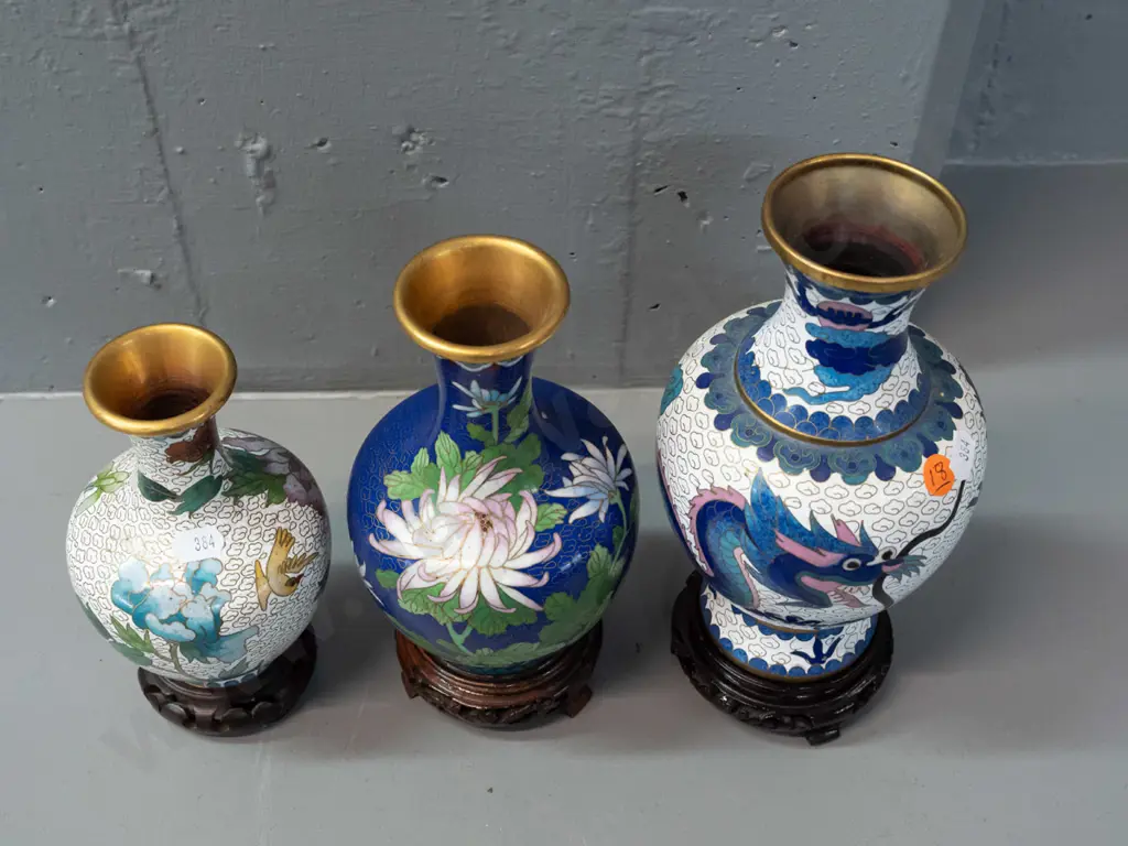 3 Chinese cloisonne vases with turned hardwood bases - large one has a little corrosion around base, is H-210 off stand. Image 1++