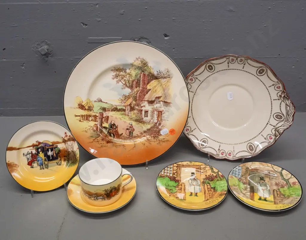 Royal Doulton Rustic England plate, Coaching Days trio, 2 Gaffers side plates, and Countess serving plate. Some fretting Image 1++