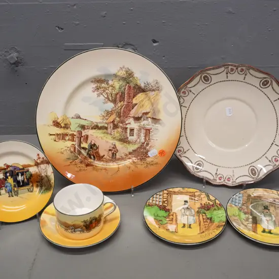 Royal Doulton Rustic England plate, Coaching Days trio, 2 Gaffers side plates, and Countess serving plate. Some fretting