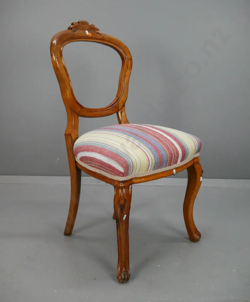 Victorian walnut balloon back chair, reupholstered in multi-colour stripe fabric, with repairs to back, replaced carved Image 1++
