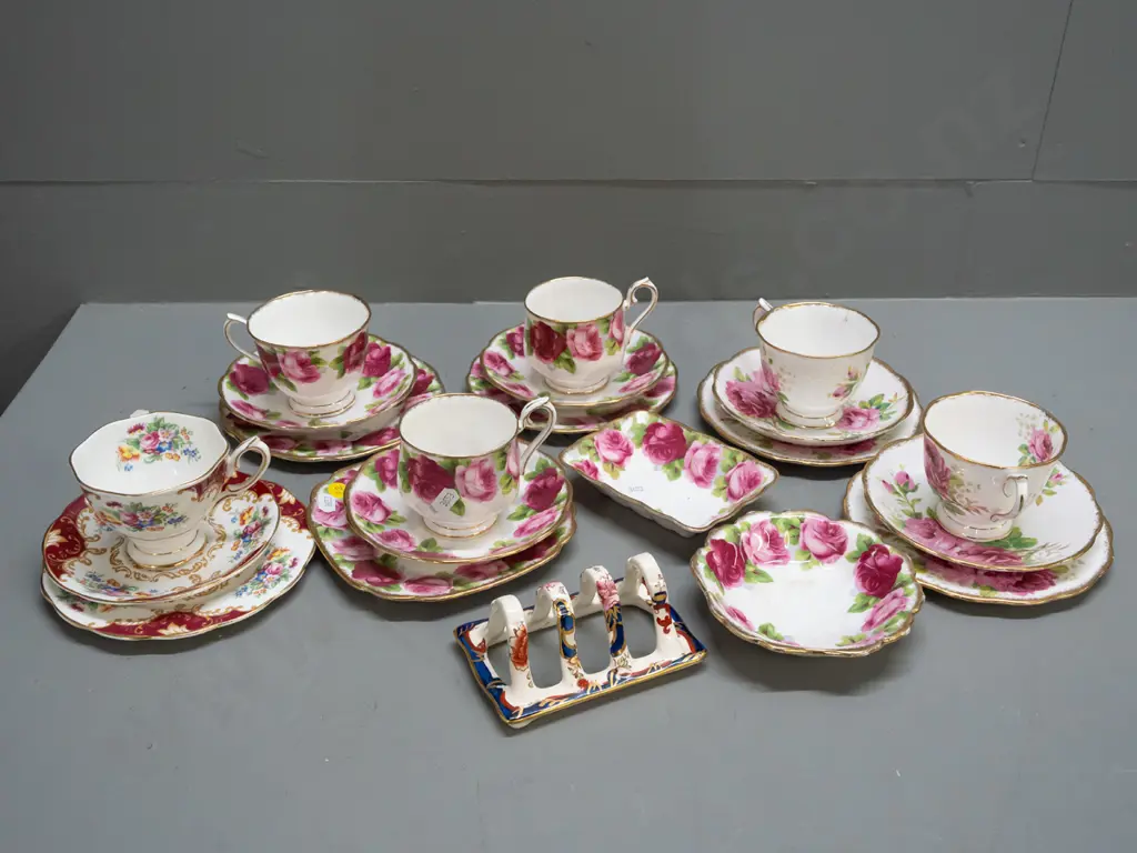 Masons Mandalay toast rack, 6x Royal Albert trios: 2x American Beauty, 3x Old Country Rose, 1x Canterbury. Image 1++