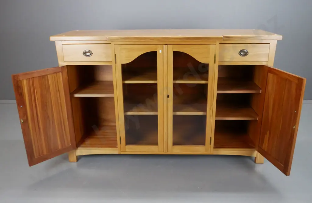 reproduction rimu break-front sideboard with 2 shaped glazed doors, one solid door, 2 interior shelves, 2 drawers, metal Image 1++
