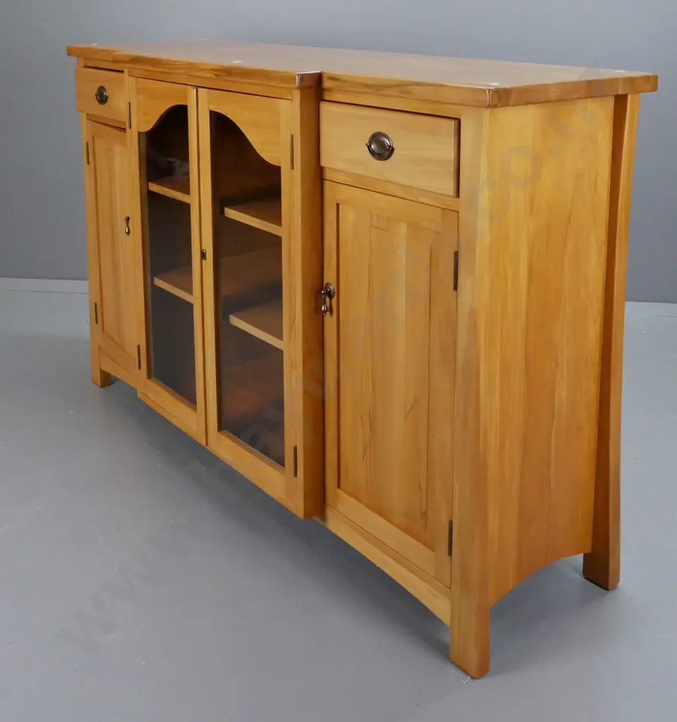 reproduction rimu break-front sideboard with 2 shaped glazed doors, one solid door, 2 interior shelves, 2 drawers, metal Image 1++