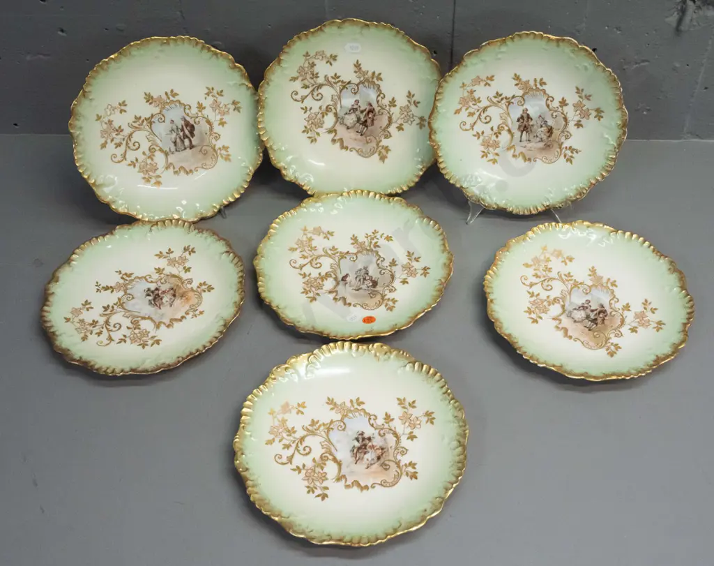 7 Limoges plates with rococo style decoration, various romance scenes - some w/ wear to gilt edging D-220 Image 1++