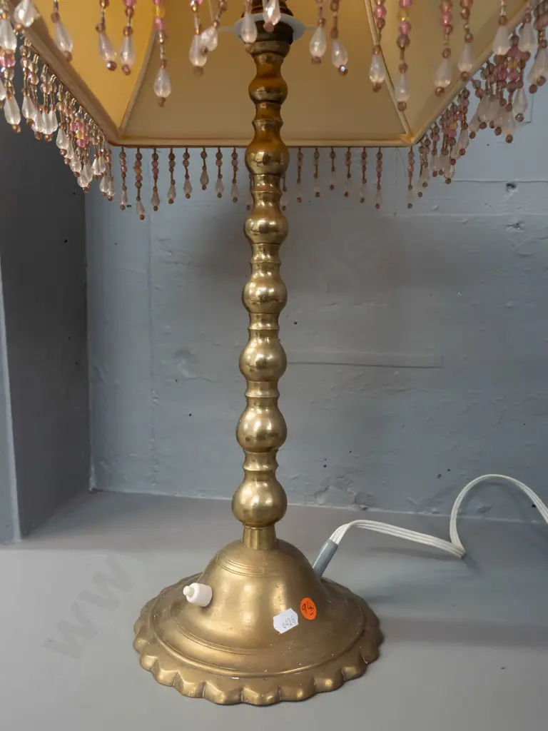 brass table lamp with scalloped edge circular base, candlestick style stem, square panelled shade with beaded trim - Image 1++