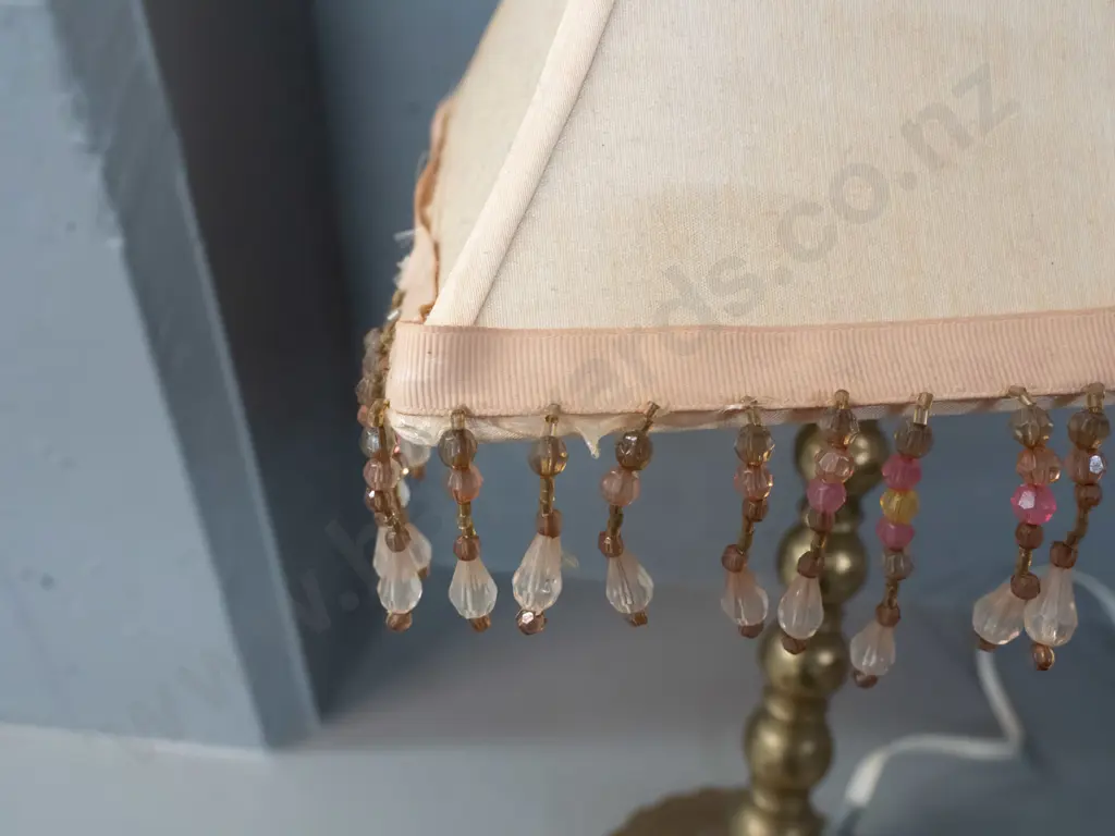 brass table lamp with scalloped edge circular base, candlestick style stem, square panelled shade with beaded trim - Image 1++