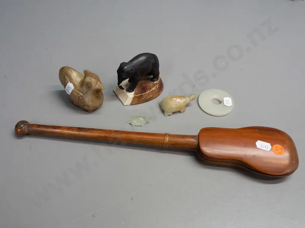 bamboo cased opium scales L-350, various carved stone ornaments and a pottery elephant figure Image 1++