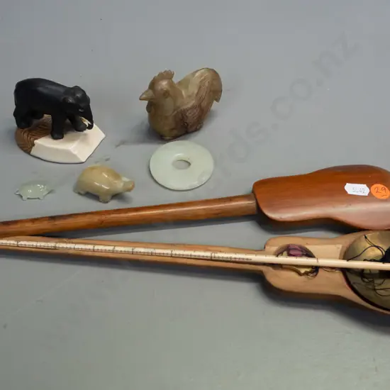 bamboo cased opium scales L-350, various carved stone ornaments and a pottery elephant figure