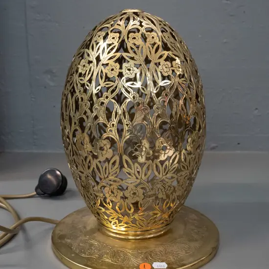 egg-shaped pierced brass table lamp with embossed circular base - base has a few small dents around edge H-330 D-230