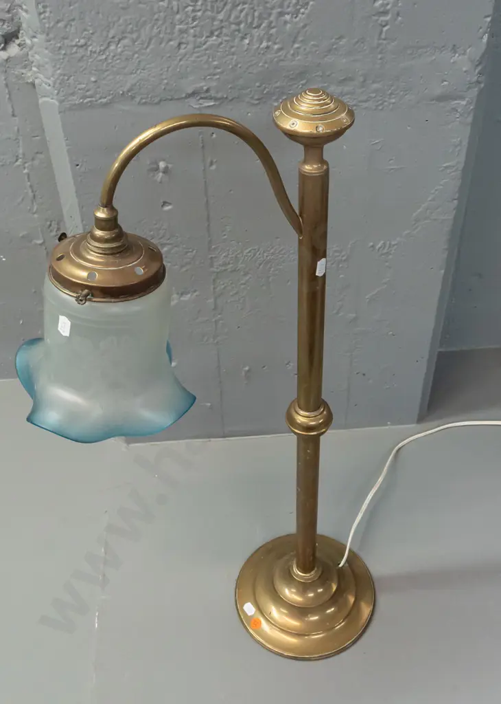 brass table lamp with swan neck angled fitting, frilled frosted & etched glass shade with blue rim - some Image 1++