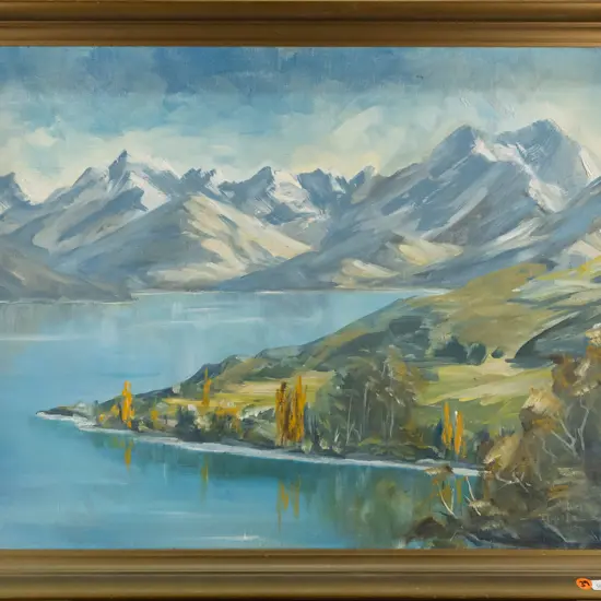 illegible signature - framed oil on board  "Lake Wakatipu Mt Earnslaw" H-440 W-590