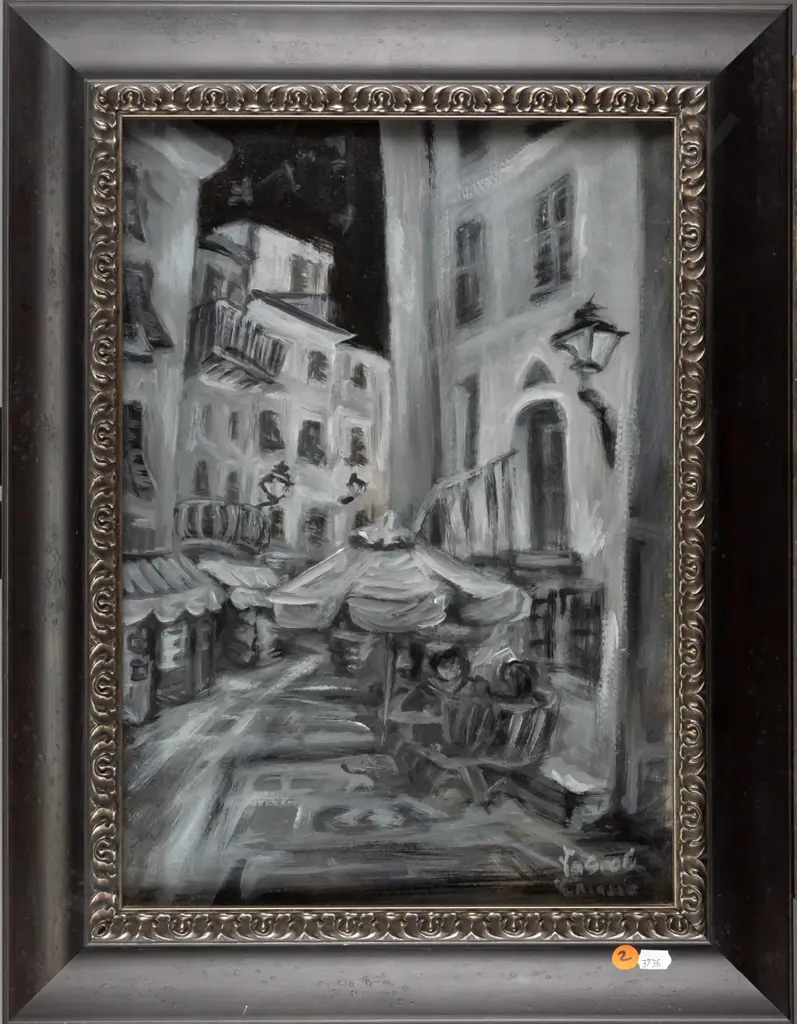 illegible signature - framed acrylic - city scene H410 W290 Image 1++