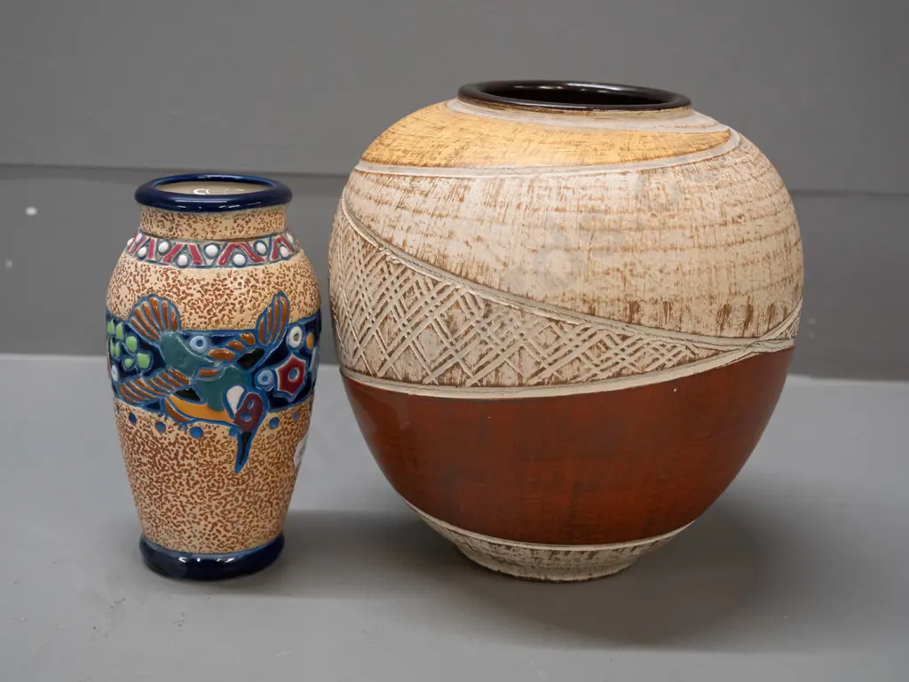 small amphora Czech hummingbird vase and a German pottery vase H-190 D-165 Image 1++