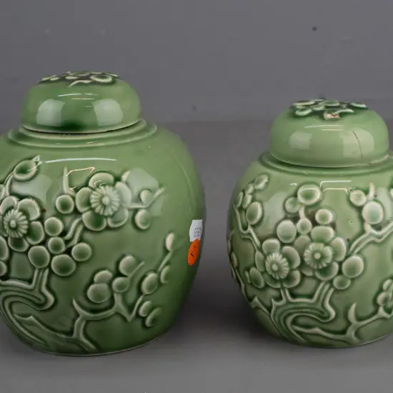 2 green glaze (Crown Lynn?) lidded ginger jars marked "China Kienhua" - smaller has obvious repairs to lid, larger has