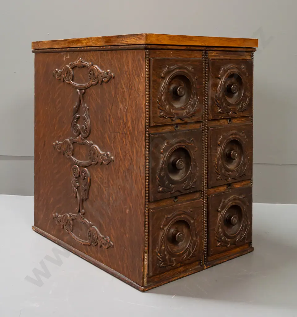 set of 6 oak laminate drawers from a Singer treadle sewing machine base - 2 units joined together with oak laminate top, Image 1++