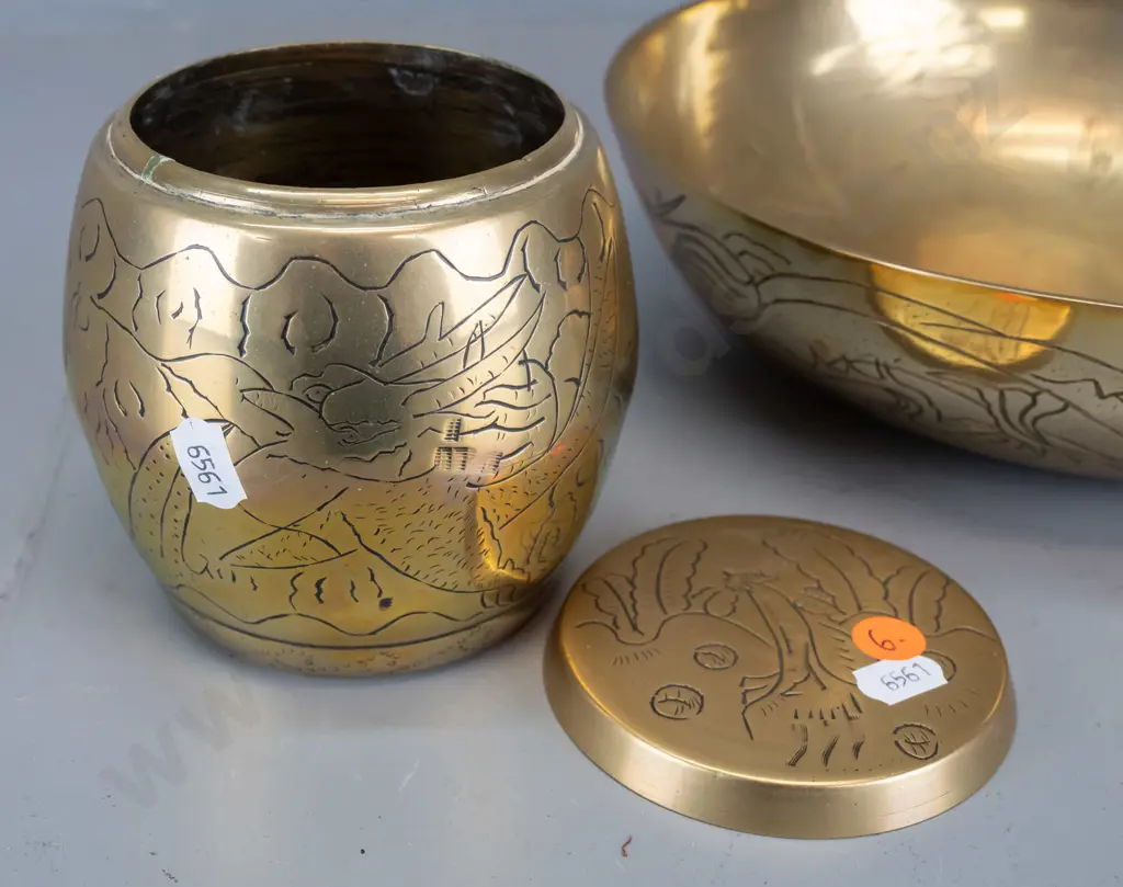 3 brass items - beaten and polished vase or pot, marked 2949K under rim, and Chinese polished and engraved dragon motif Image 1++