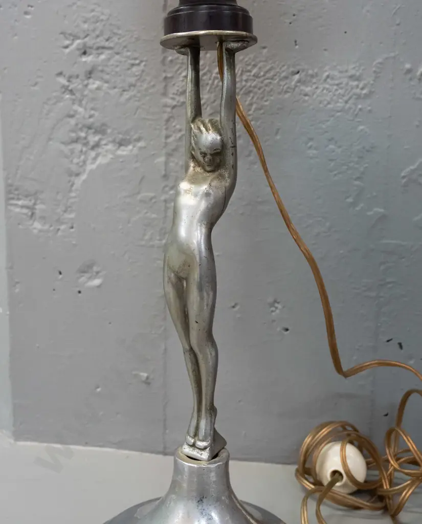 art deco style figural table lamp base  - cast metal female figure, chrome base and journal, stepped ivory coloured Image 1++