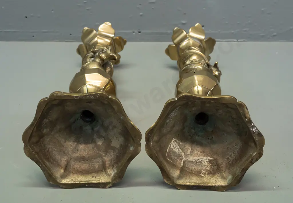 pair of brass candlesticks w/ engraved designs & intertwined dragons, petal shaped sconces H-320 Image 1++