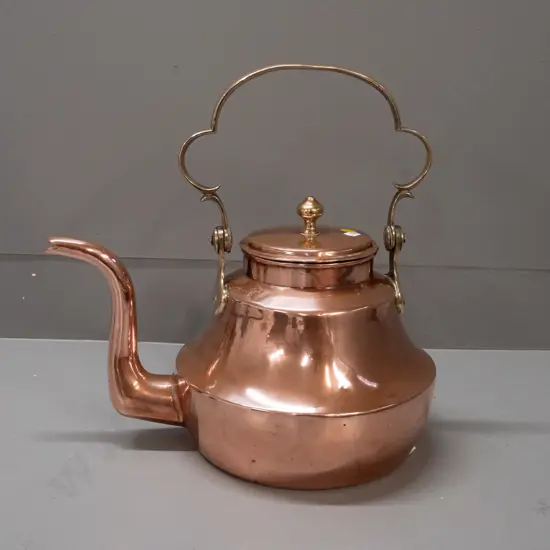 vintage copper kettle with brass knob and handle. Some dinting. Handle up dimensions H-350 W-350