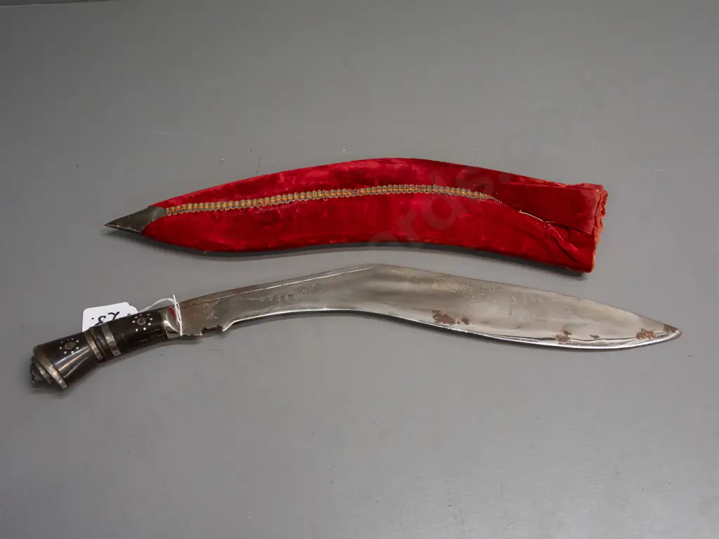large Ghurka Kukri knife with embroidered and beaded sheath - blade marked "India" - some corrosion and wear to sheath Image 1++